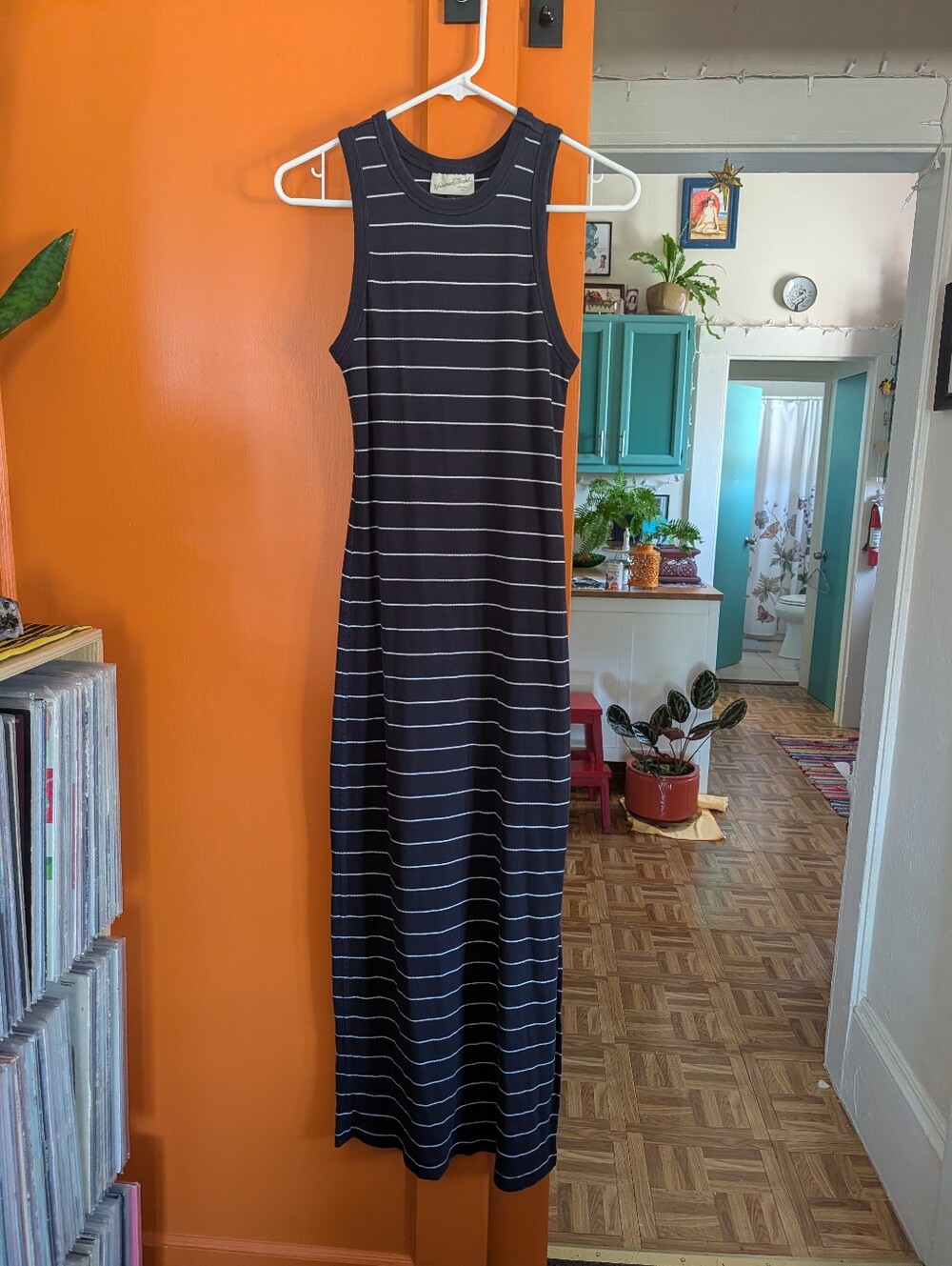 This is a navy and white striped rib-knit maxi bodycon dress by Universal Thread